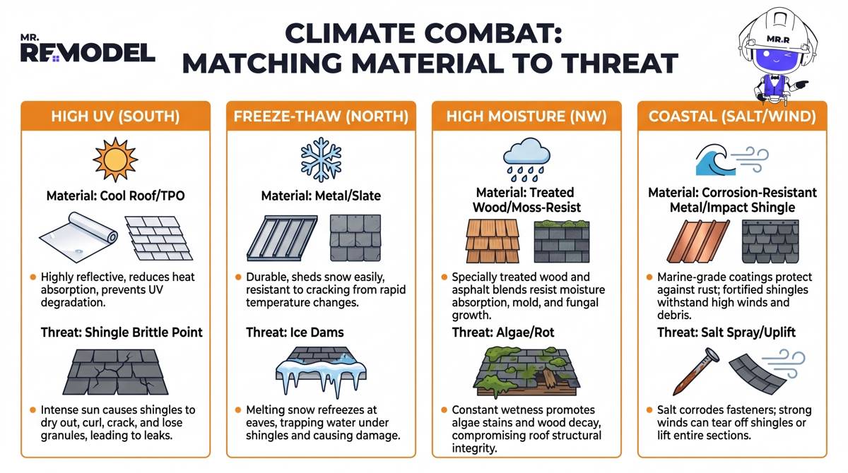A technical matrix matching specific US regional climate threats (UV, Freeze-Thaw, Moisture) with the roofing material best engineered to withstand those environmental stressors.